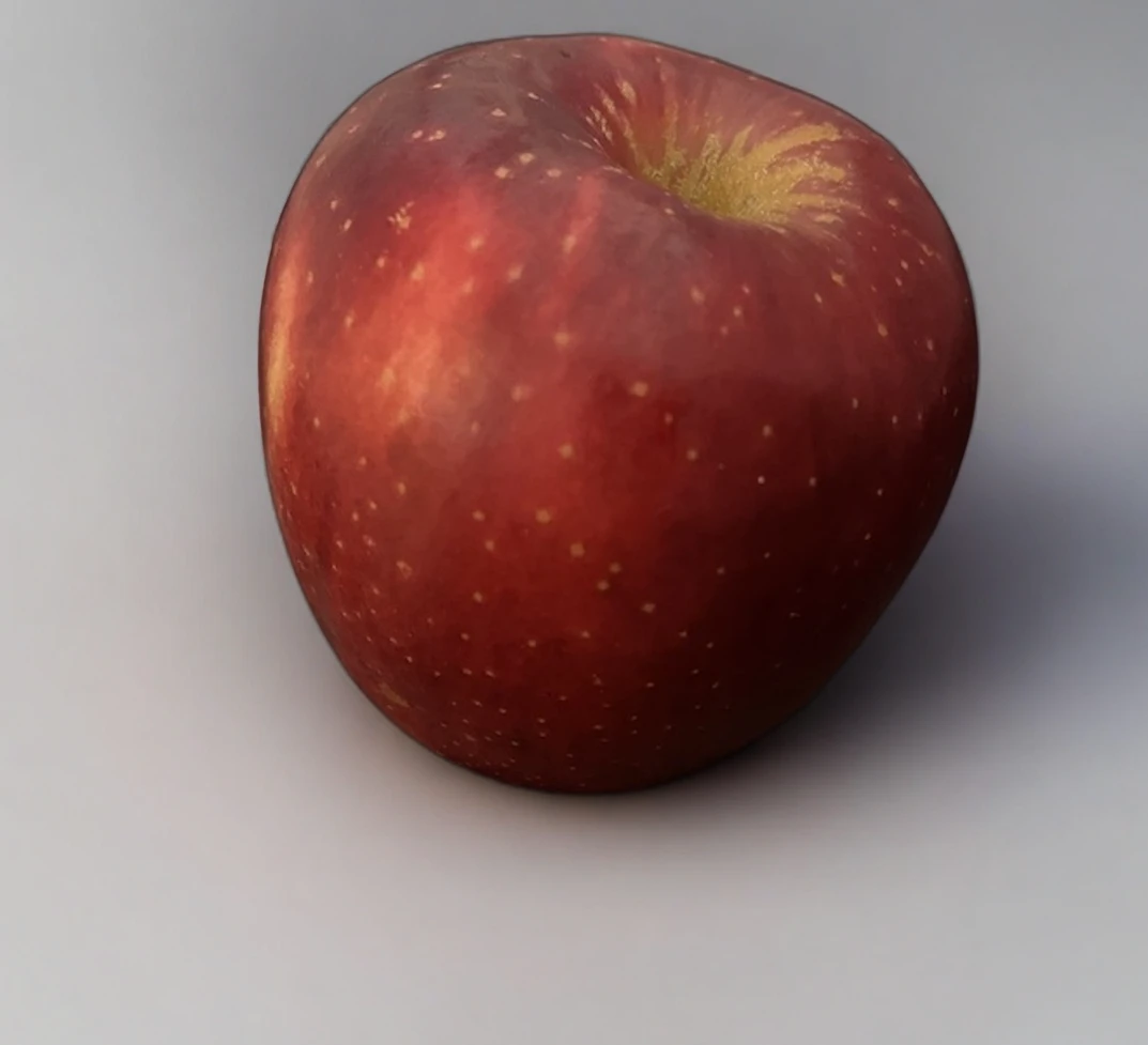 An AI-enhanced photograph showing a woman with an apple in a beautifully lit, realistic kitchen setting.