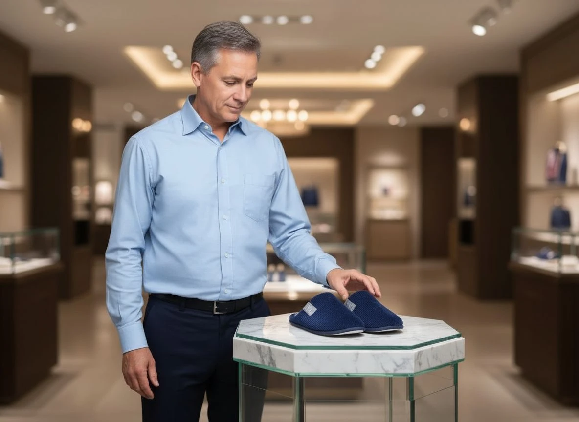 Instantly created AI lifestyle photo of a man with the slippers on display