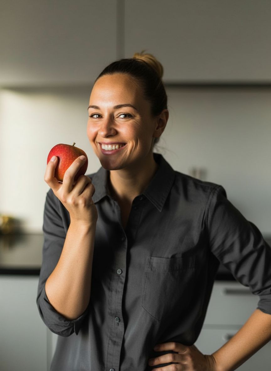 A woman smiling and holding a red apple, representing a typical product photo before being enhanced by AI.