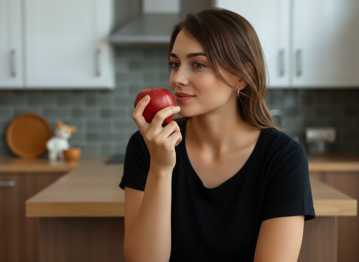 An AI-enhanced photograph showing a woman with an apple in a beautifully lit, realistic kitchen setting.