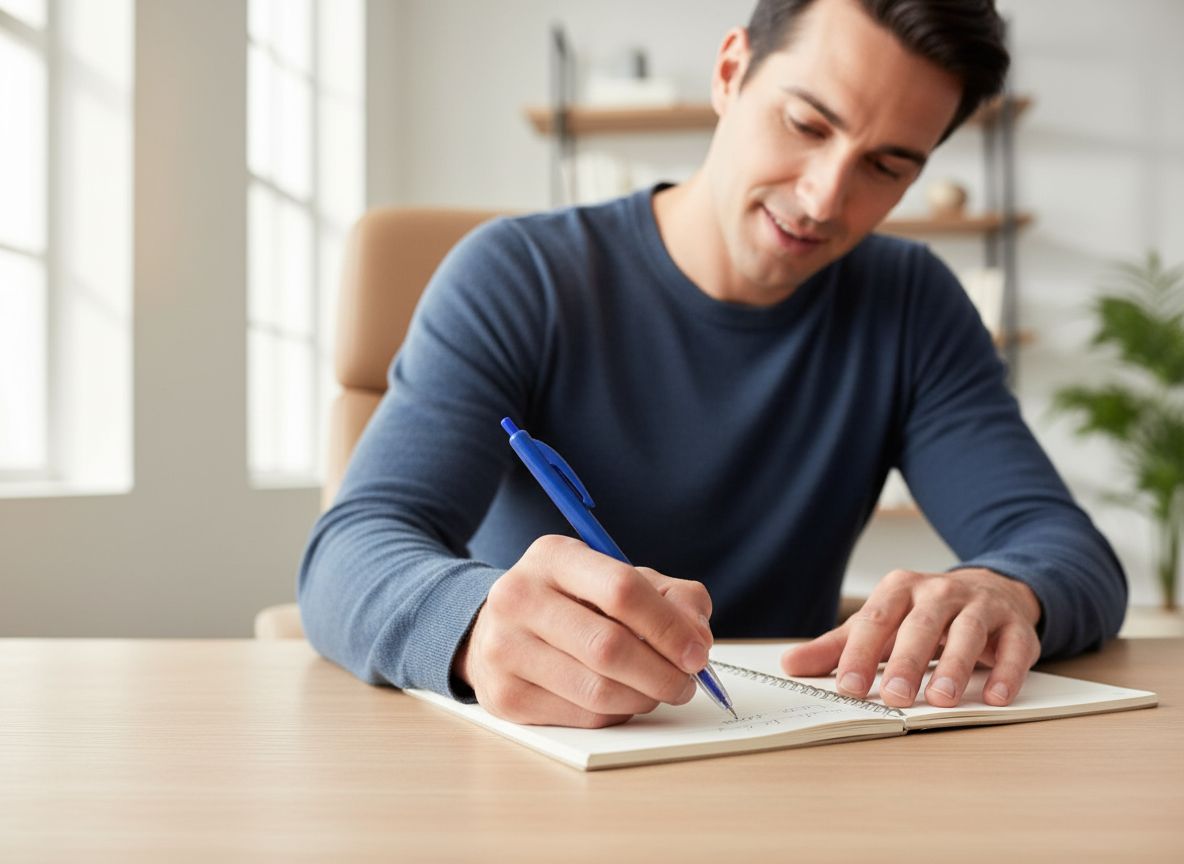 An AI-generated lifestyle photo of a man writing at a desk, ideal for placing products in realistic scenes.
